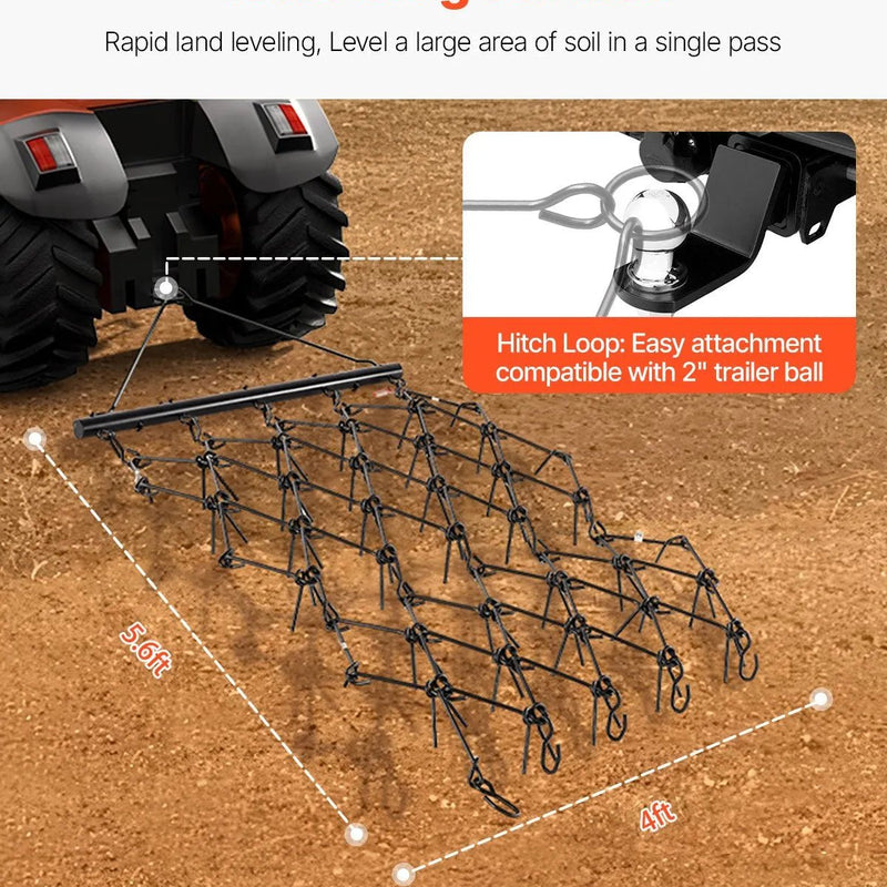 VEVOR ķēžu ecēšas 1220 x 1700 mm, ar 80 asiem zobiem, Q235 tērauds, velkamas ar ATV, UTV un traktoriem, paredzētas augsnes sagatavošanai, sēšanai, teritoriju izlīdzināšanai un grants ceļu kopšanai - ZEMLETES.LV