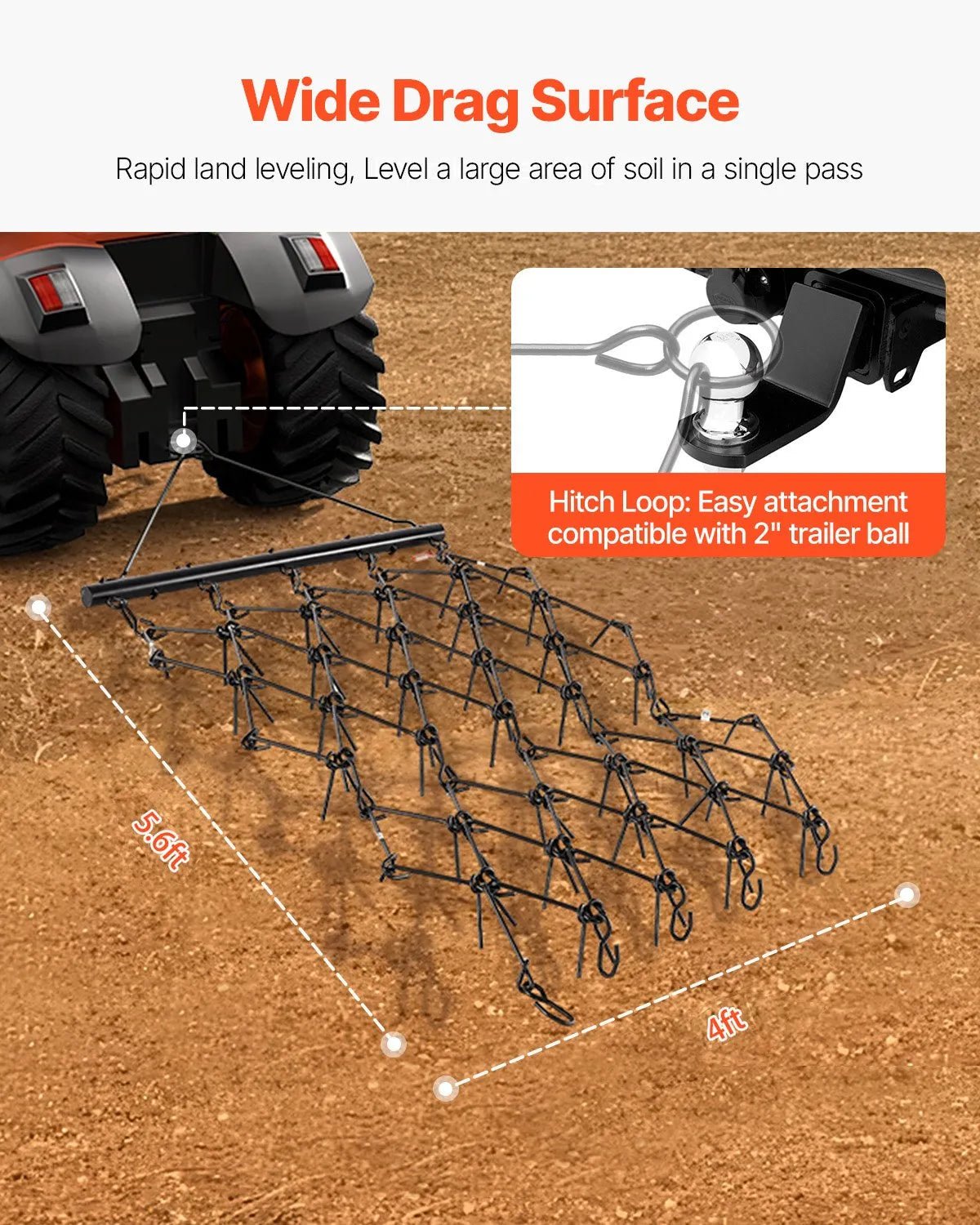 VEVOR ķēžu ecēšas 1220 x 1700 mm, ar 80 asiem zobiem, Q235 tērauds, velkamas ar ATV, UTV un traktoriem, paredzētas augsnes sagatavošanai, sēšanai, teritoriju izlīdzināšanai un grants ceļu kopšanai - ZEMLETES.LV
