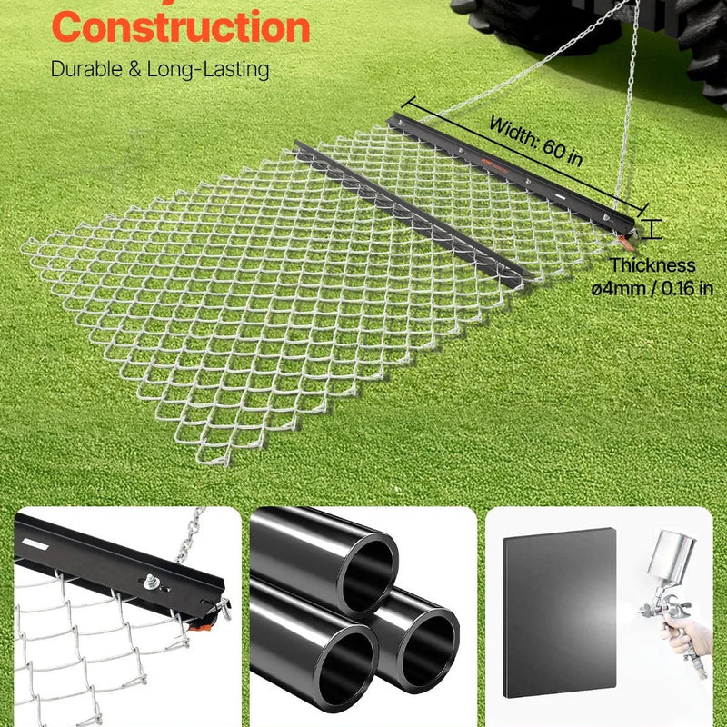 VEVOR ķēžu ecēšas 1220 x 1520 mm, Q235 tērauds, velkamas ar UTV un traktoru, paredzētas teritoriju izlīdzināšanai un augsnes sagatavošanai, piemērotas grants ceļiem, laukiem un dārziem, melnas - ZEMLETES.LV