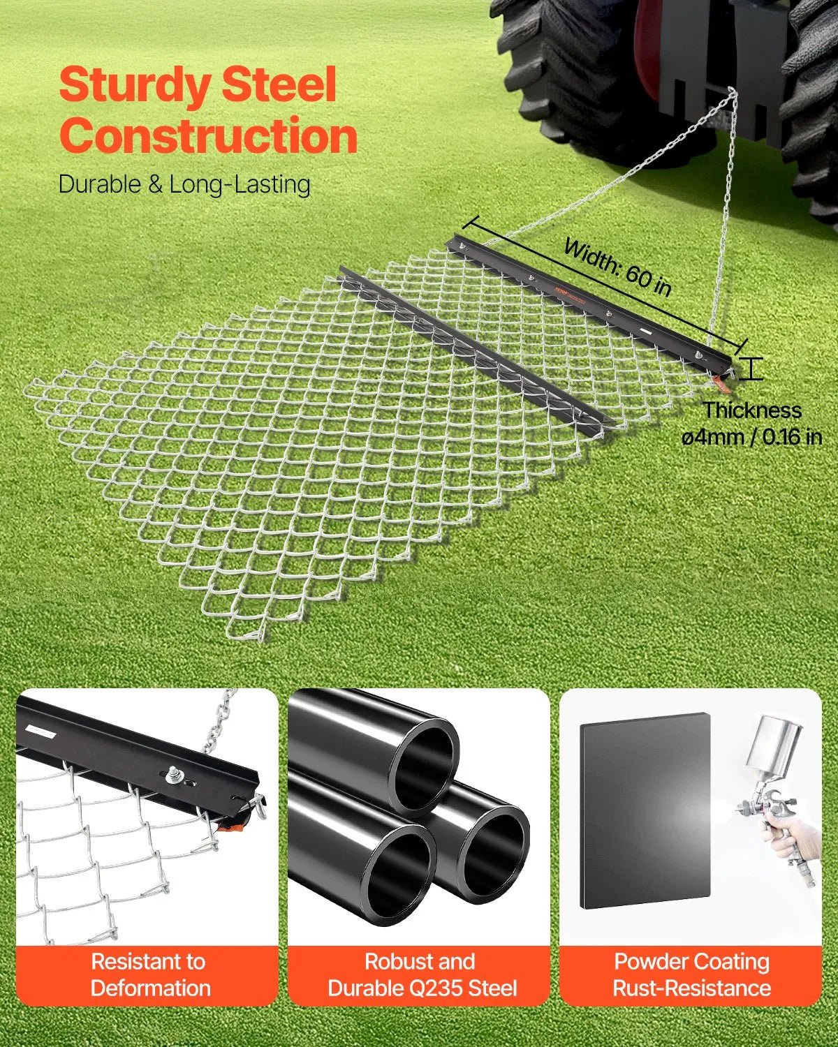 VEVOR ķēžu ecēšas 1220 x 1520 mm, Q235 tērauds, velkamas ar UTV un traktoru, paredzētas teritoriju izlīdzināšanai un augsnes sagatavošanai, piemērotas grants ceļiem, laukiem un dārziem, melnas - ZEMLETES.LV