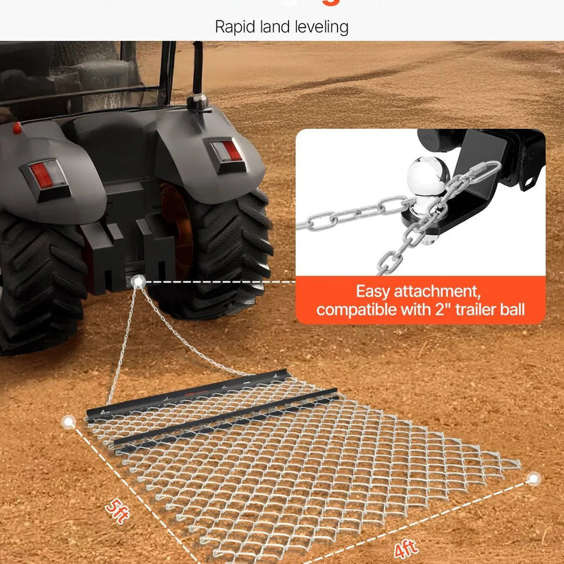 VEVOR ķēžu ecēšas 1220 x 1520 mm, Q235 tērauds, velkamas ar UTV un traktoru, paredzētas teritoriju izlīdzināšanai un augsnes sagatavošanai, piemērotas grants ceļiem, laukiem un dārziem, melnas - ZEMLETES.LV