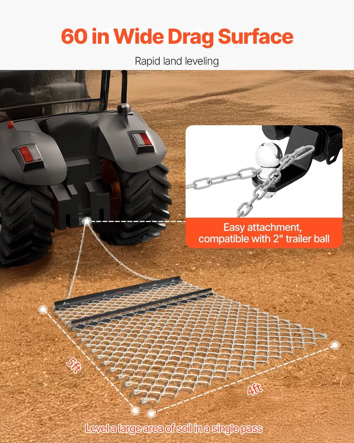 VEVOR ķēžu ecēšas 1220 x 1520 mm, Q235 tērauds, velkamas ar UTV un traktoru, paredzētas teritoriju izlīdzināšanai un augsnes sagatavošanai, piemērotas grants ceļiem, laukiem un dārziem, melnas - ZEMLETES.LV