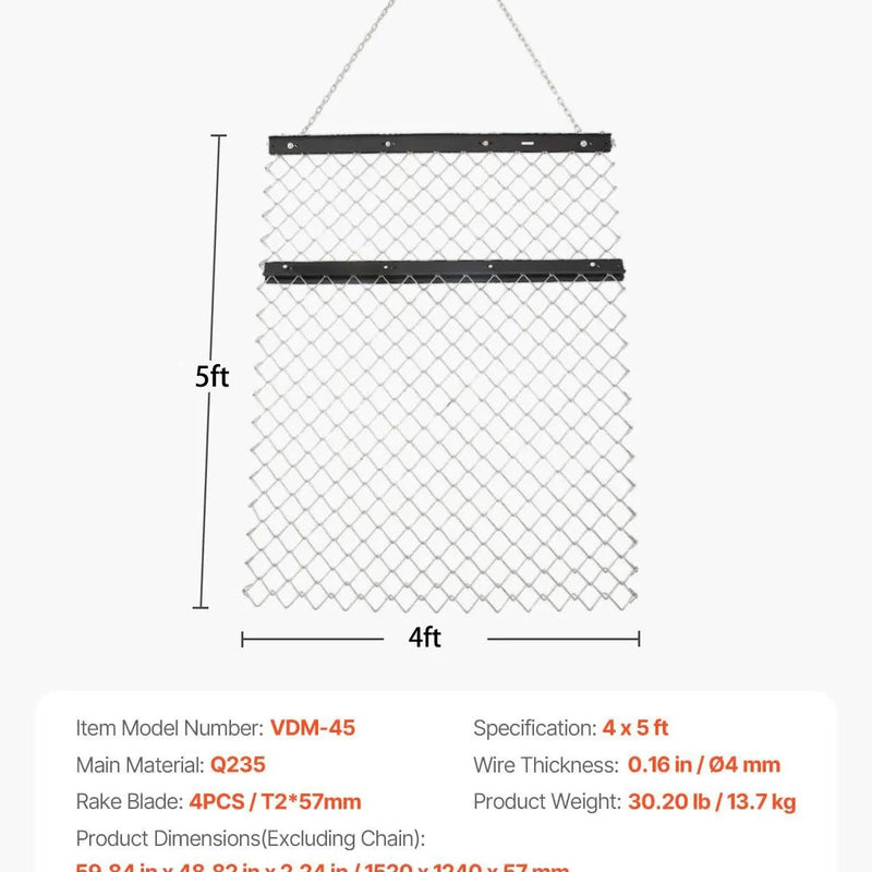 VEVOR ķēžu ecēšas 1220 x 1520 mm, Q235 tērauds, velkamas ar UTV un traktoru, paredzētas teritoriju izlīdzināšanai un augsnes sagatavošanai, piemērotas grants ceļiem, laukiem un dārziem, melnas - ZEMLETES.LV