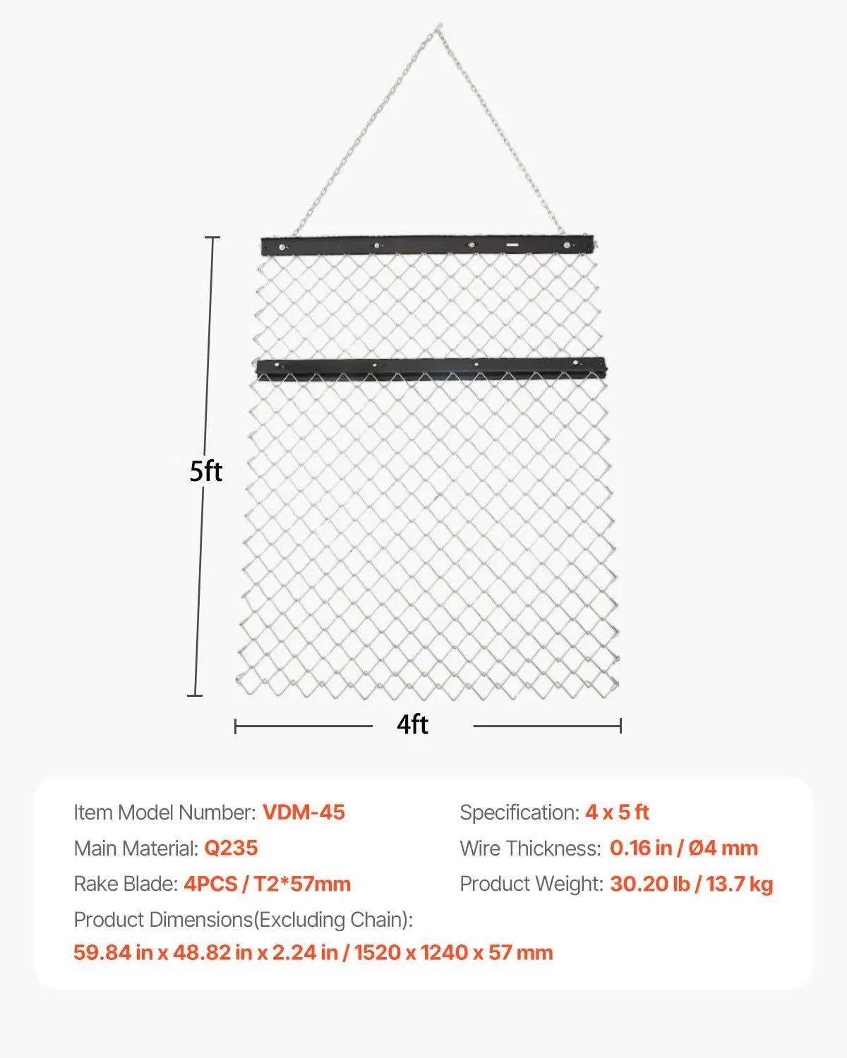 VEVOR ķēžu ecēšas 1220 x 1520 mm, Q235 tērauds, velkamas ar UTV un traktoru, paredzētas teritoriju izlīdzināšanai un augsnes sagatavošanai, piemērotas grants ceļiem, laukiem un dārziem, melnas - ZEMLETES.LV