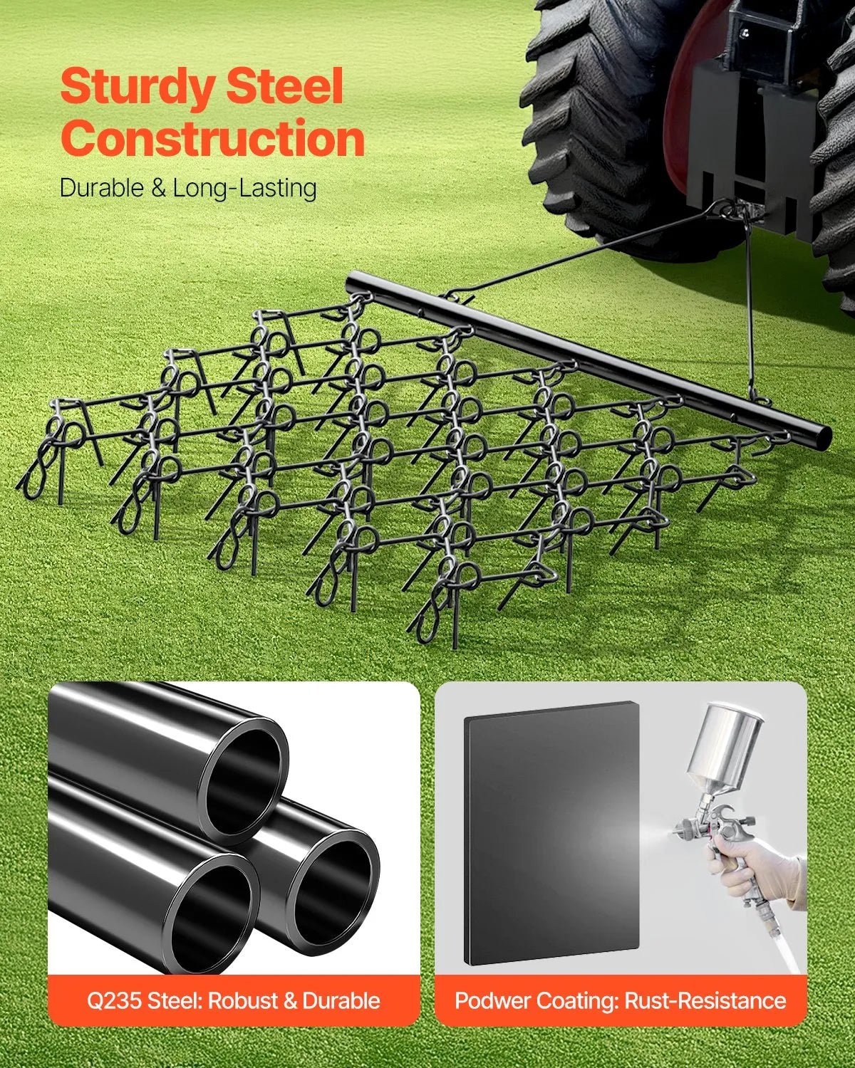 VEVOR ķēžu ecēšas 1520 x 1370 mm, ar 60 asiem zobiem, Q235 tērauds, velkamas ar ATV, UTV un traktoriem, paredzētas augsnes sagatavošanai, sēšanai, teritoriju izlīdzināšanai un grants ceļu kopšanai - ZEMLETES.LV