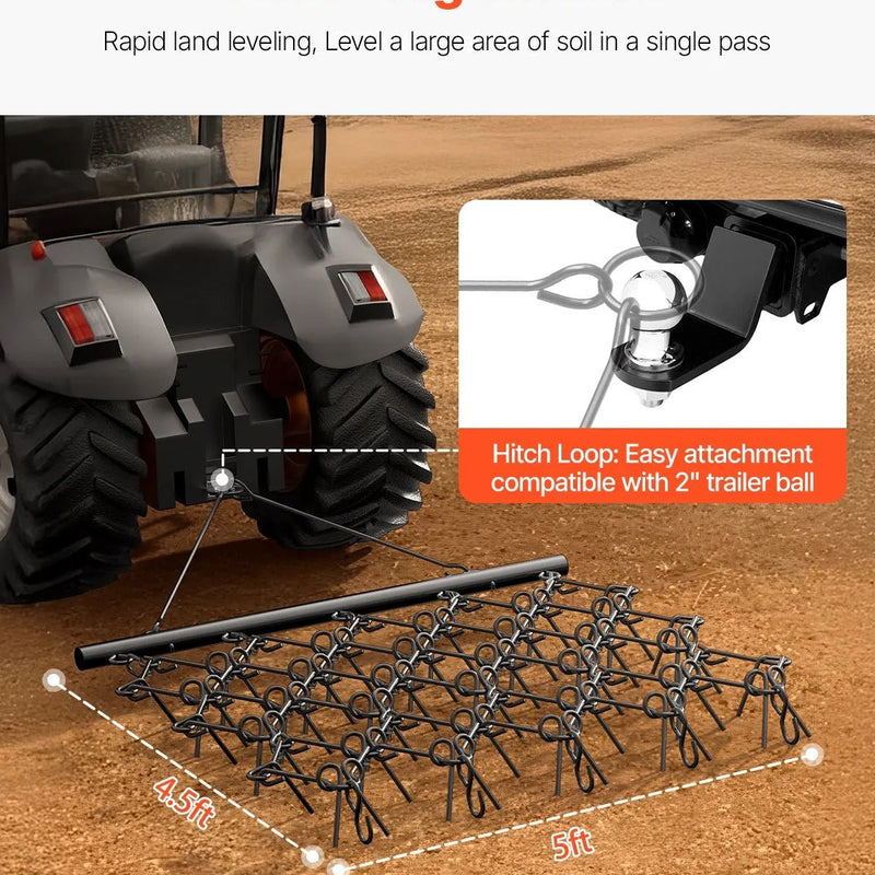 VEVOR ķēžu ecēšas 1520 x 1370 mm, ar 60 asiem zobiem, Q235 tērauds, velkamas ar ATV, UTV un traktoriem, paredzētas augsnes sagatavošanai, sēšanai, teritoriju izlīdzināšanai un grants ceļu kopšanai - ZEMLETES.LV