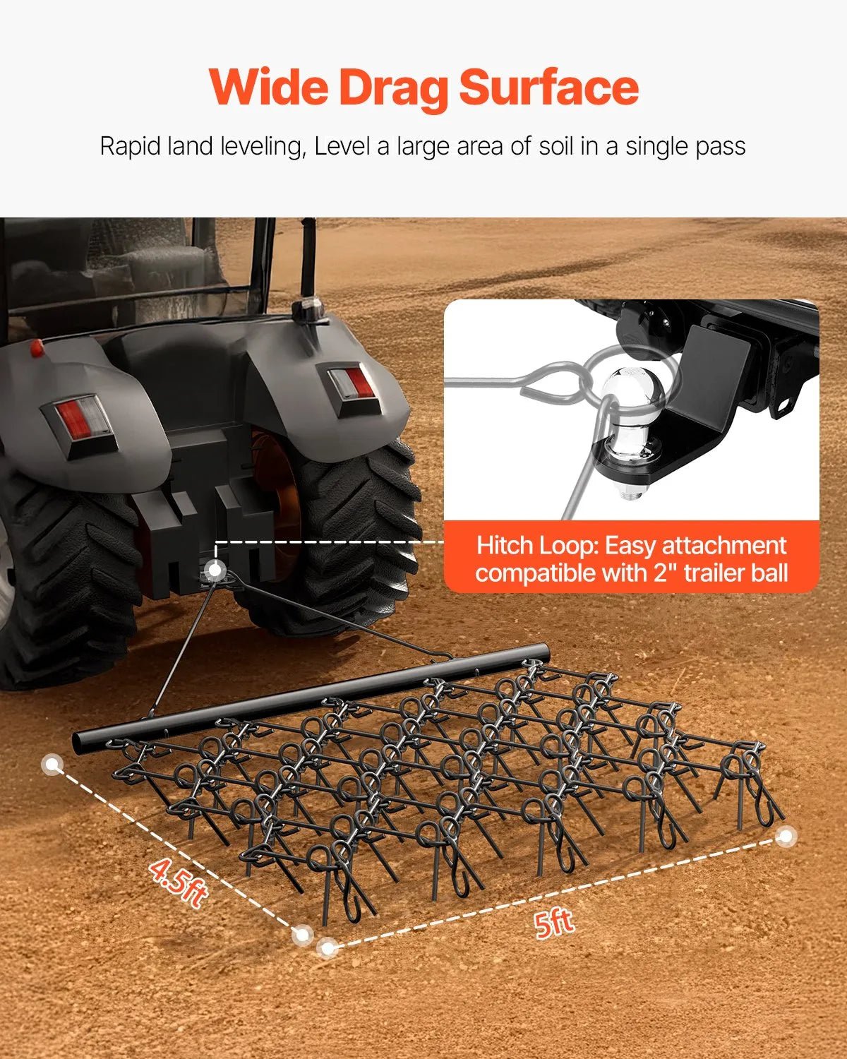VEVOR ķēžu ecēšas 1520 x 1370 mm, ar 60 asiem zobiem, Q235 tērauds, velkamas ar ATV, UTV un traktoriem, paredzētas augsnes sagatavošanai, sēšanai, teritoriju izlīdzināšanai un grants ceļu kopšanai - ZEMLETES.LV