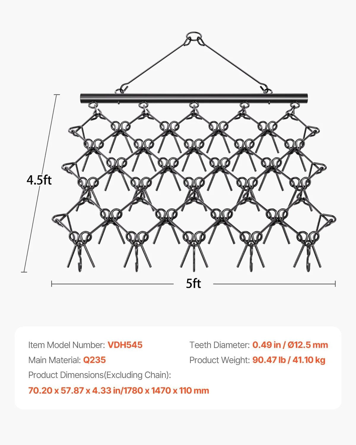 VEVOR ķēžu ecēšas 1520 x 1370 mm, ar 60 asiem zobiem, Q235 tērauds, velkamas ar ATV, UTV un traktoriem, paredzētas augsnes sagatavošanai, sēšanai, teritoriju izlīdzināšanai un grants ceļu kopšanai - ZEMLETES.LV