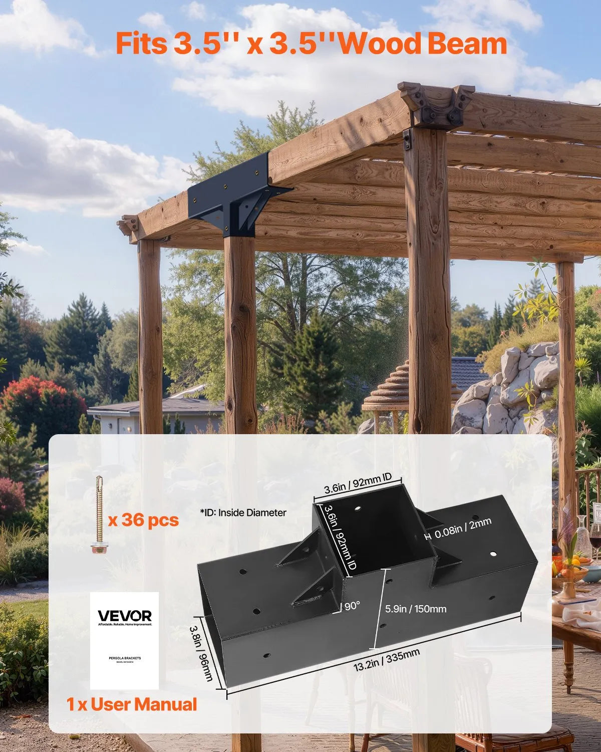 VEVOR pergolas stiprinājumu komplekts 92 × 92 mm koka brusām, T veida 3 virzienu savienojumi ar skrūvēm, pergolām, lapenēm un DIY koka konstrukcijām, 2 gab.