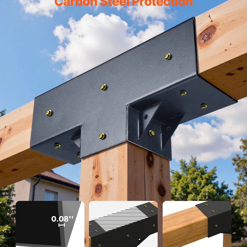 VEVOR pergolas stiprinājumu komplekts 92 × 92 mm koka brusām, T veida 3 virzienu savienojumi ar skrūvēm, pergolām, lapenēm un DIY koka konstrukcijām, 2 gab.