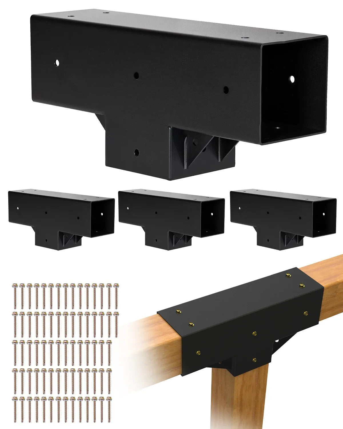 VEVOR pergolas stiprinājumu komplekts 92 × 92 mm koka brusām, T veida 3 virzienu savienojumi ar skrūvēm, pergolām, lapenēm un DIY koka konstrukcijām, 4 gab.9