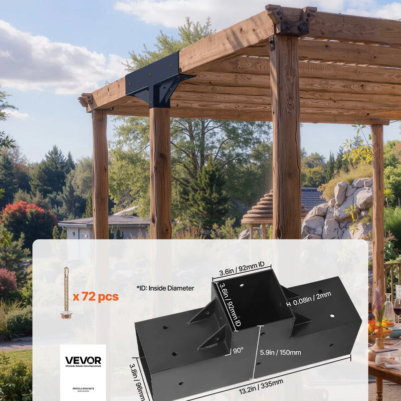 VEVOR pergolas stiprinājumu komplekts 92 × 92 mm koka brusām, T veida 3 virzienu savienojumi ar skrūvēm, pergolām, lapenēm un DIY koka konstrukcijām, 4 gab.9