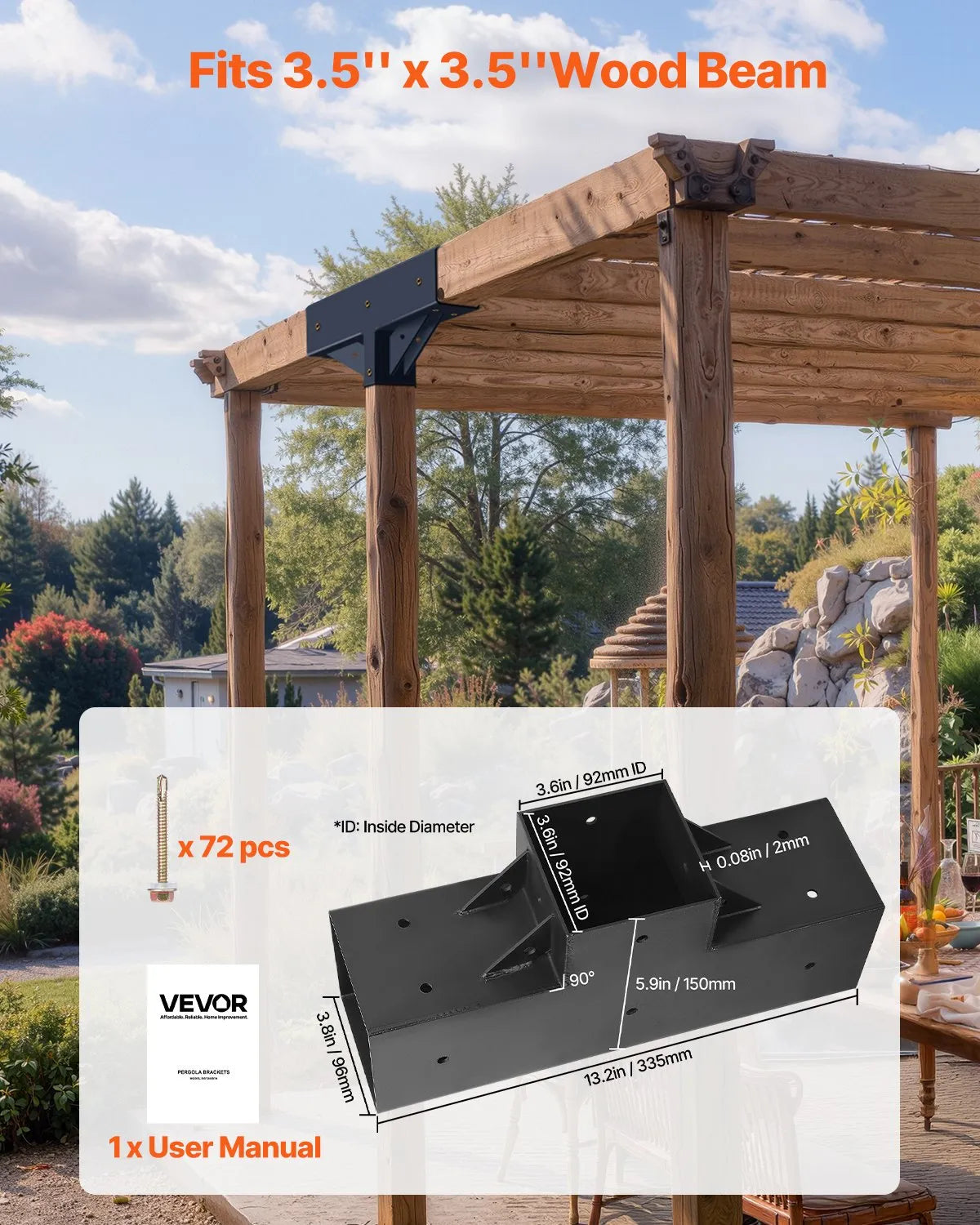 VEVOR pergolas stiprinājumu komplekts 92 × 92 mm koka brusām, T veida 3 virzienu savienojumi ar skrūvēm, pergolām, lapenēm un DIY koka konstrukcijām, 4 gab.9