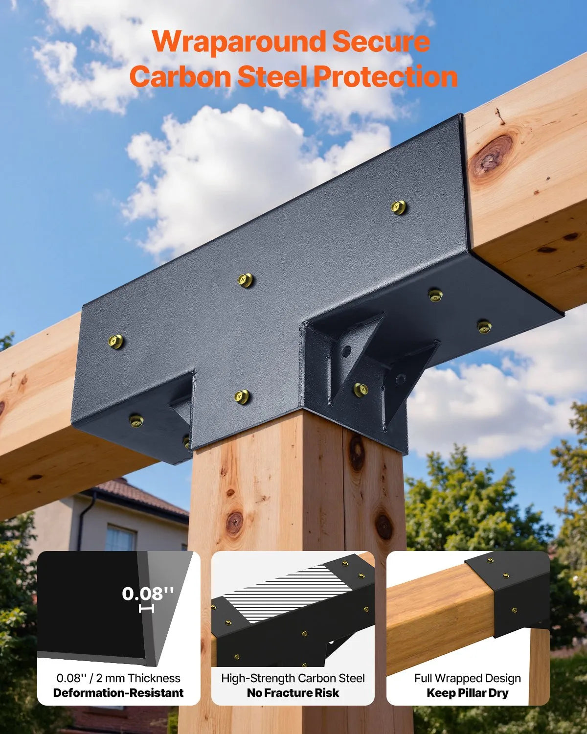 VEVOR pergolas stiprinājumu komplekts 92 × 92 mm koka brusām, T veida 3 virzienu savienojumi ar skrūvēm, pergolām, lapenēm un DIY koka konstrukcijām, 4 gab.9