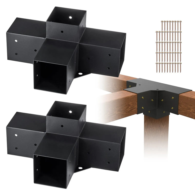 VEVOR pergolas stūra stiprinājumu komplekts 102 × 102 mm, iekšējais izmērs 91 × 91 mm, 4 virzienu lielas slodzes savienojumi koka brusām un stabiem, lapenēm un nojumēm, 2 gab.