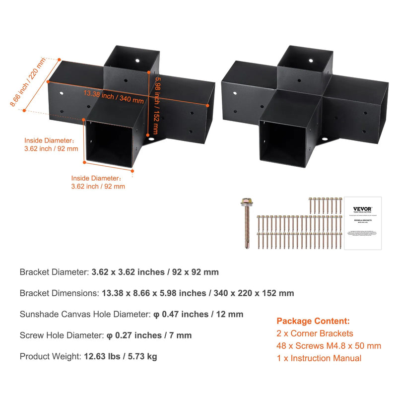 VEVOR pergolas stūra stiprinājumu komplekts 102 × 102 mm, iekšējais izmērs 91 × 91 mm, 4 virzienu lielas slodzes savienojumi koka brusām un stabiem, lapenēm un nojumēm, 2 gab.