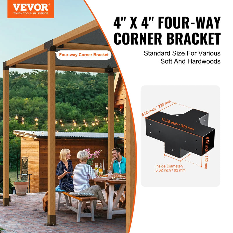 VEVOR pergolas stūra stiprinājumu komplekts 102 × 102 mm, iekšējais izmērs 91 × 91 mm, 4 virzienu lielas slodzes savienojumi koka brusām un stabiem, lapenēm un nojumēm, 2 gab.