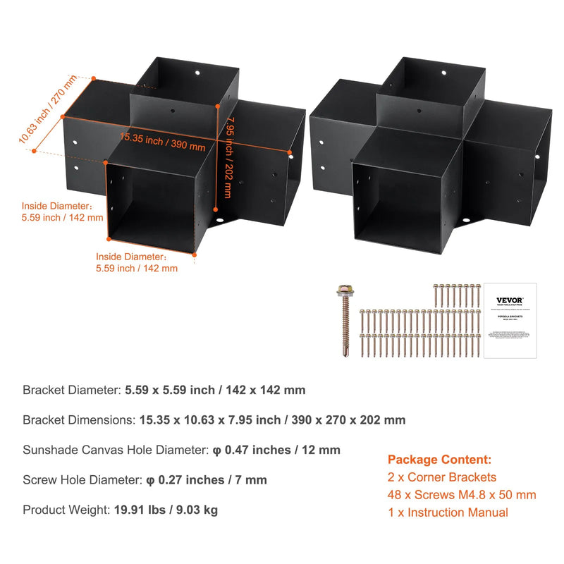 VEVOR pergolas stūra stiprinājumu komplekts 152 × 152 mm, iekšējais izmērs 142 × 142 mm, 4 virzienu lielas slodzes savienojumi koka brusām un stabiem, lapenēm, terases pergolām un koka nojumēm, 2 gab.