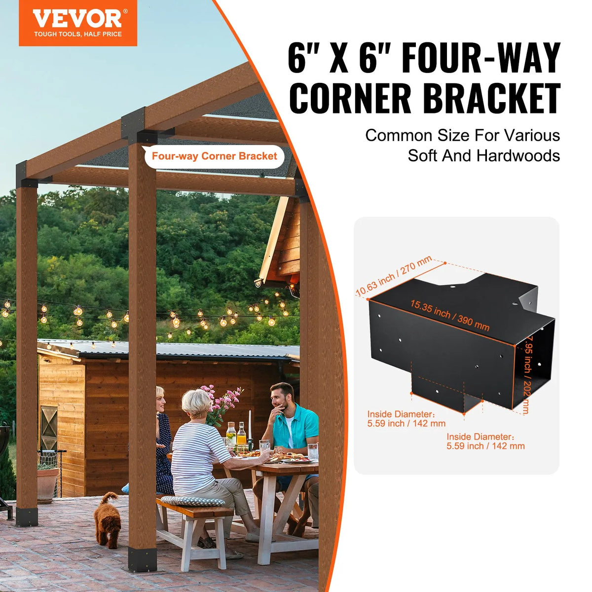VEVORi pergola nurgakinnituste komplekt 152 × 152 mm, sisemõõt 142 × 142 mm, 4-suunalised suure koormusega ühendused puitprussidele ja postidele, lehtladele, terrassipergolatele ja puitkatustele, 2 tk.
