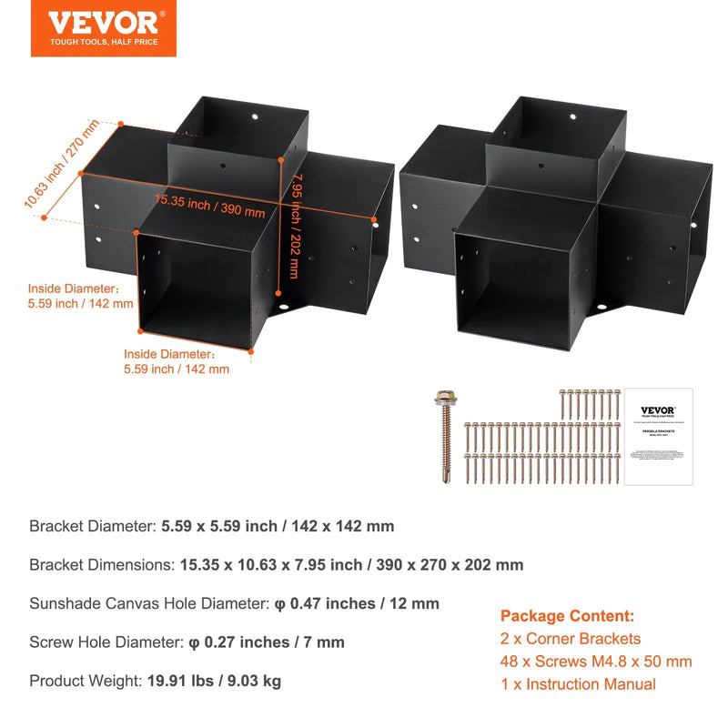 VEVOR pergolas stūra stiprinājumu komplekts 152 × 152 mm, iekšējais izmērs 142 × 142 mm, 4 virzienu lielas slodzes savienojumi koka brusām un stabiem, lapenēm, terases pergolām un koka nojumēm, 2 gab.