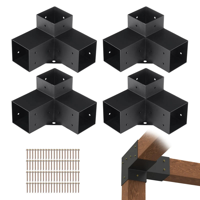 VEVOR pergolas stūra stiprinājumu komplekts 102 × 102 mm, iekšējais izmērs 91 × 91 mm, 3 virzienu savienojumi koka brusām un stabiem, lapenēm un nojumēm, 4 gab.