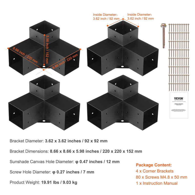 VEVOR pergolas stūra stiprinājumu komplekts 102 × 102 mm, iekšējais izmērs 91 × 91 mm, 3 virzienu savienojumi koka brusām un stabiem, lapenēm un nojumēm, 4 gab.