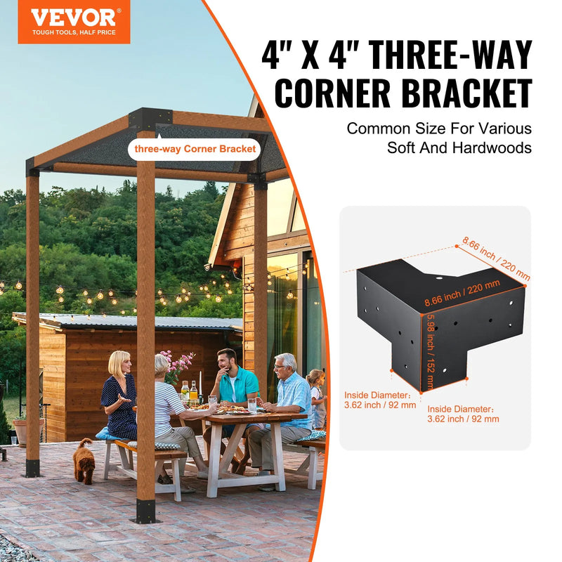 VEVOR pergolas stūra stiprinājumu komplekts 102 × 102 mm, iekšējais izmērs 91 × 91 mm, 3 virzienu savienojumi koka brusām un stabiem, lapenēm un nojumēm, 4 gab.