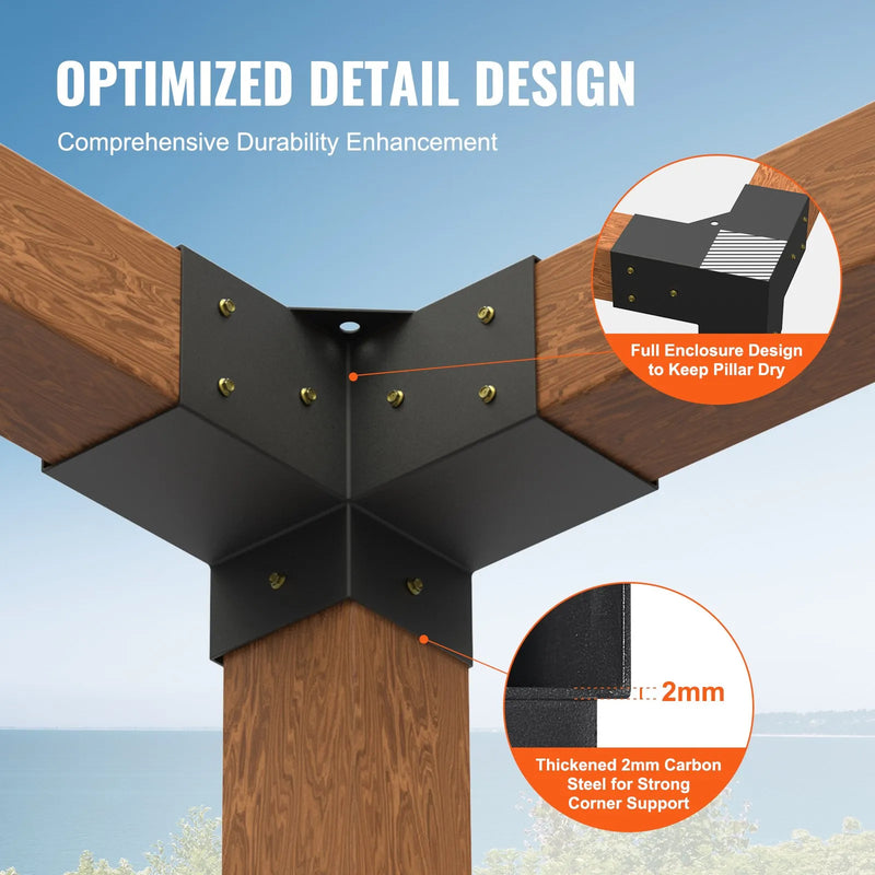 VEVOR pergolas stūra stiprinājumu komplekts 102 × 102 mm, iekšējais izmērs 91 × 91 mm, 3 virzienu savienojumi koka brusām un stabiem, lapenēm un nojumēm, 4 gab.