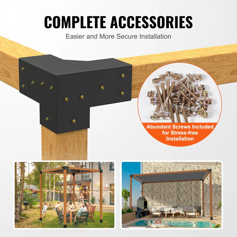 VEVOR pergolas stūra stiprinājumu komplekts 102 × 102 mm, iekšējais izmērs 91 × 91 mm, 3 virzienu savienojumi koka brusām un stabiem, lapenēm un nojumēm, 4 gab.