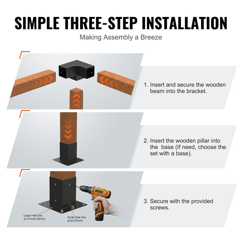 VEVOR pergolas stūra stiprinājumu komplekts 102 × 102 mm, iekšējais izmērs 91 × 91 mm, 3 virzienu savienojumi koka brusām un stabiem, lapenēm un nojumēm, 4 gab.