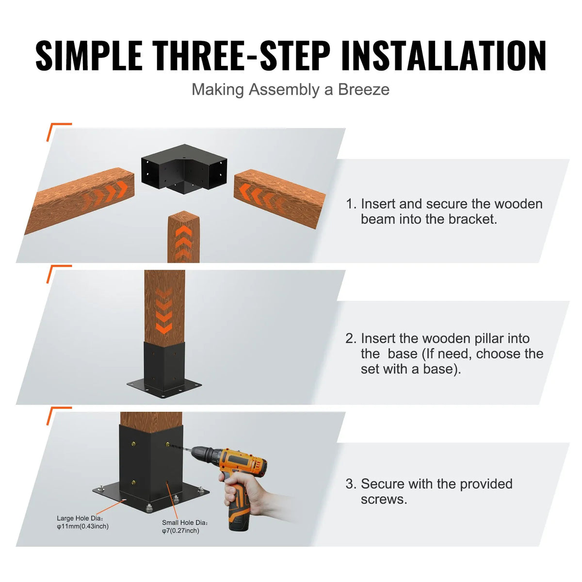 VEVOR pergolas stūra stiprinājumu komplekts 102 × 102 mm, iekšējais izmērs 91 × 91 mm, 3 virzienu savienojumi koka brusām un stabiem, lapenēm un nojumēm, 4 gab.
