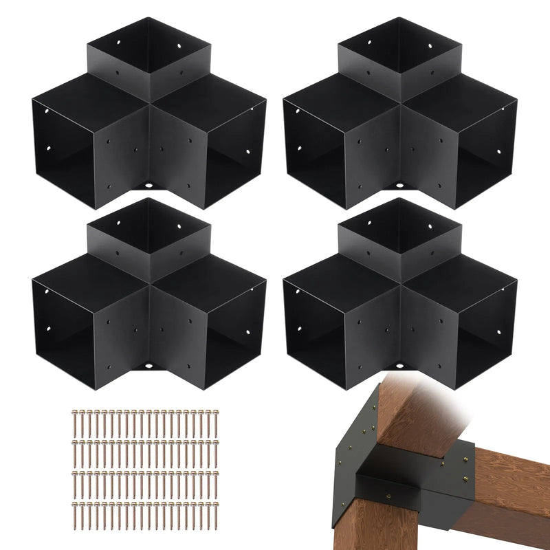 VEVOR pergolas stūra stiprinājumu komplekts 152 × 152 mm, iekšējais izmērs 142 × 142 mm, 3 virzienu lielas slodzes savienojumi koka brusām un stabiem, lapenēm, terases pergolām un koka nojumēm, 4 gab.