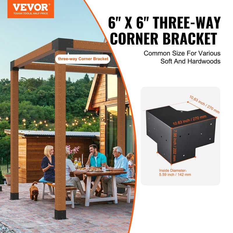 VEVOR pergolas stūra stiprinājumu komplekts 152 × 152 mm, iekšējais izmērs 142 × 142 mm, 3 virzienu lielas slodzes savienojumi koka brusām un stabiem, lapenēm, terases pergolām un koka nojumēm, 4 gab.