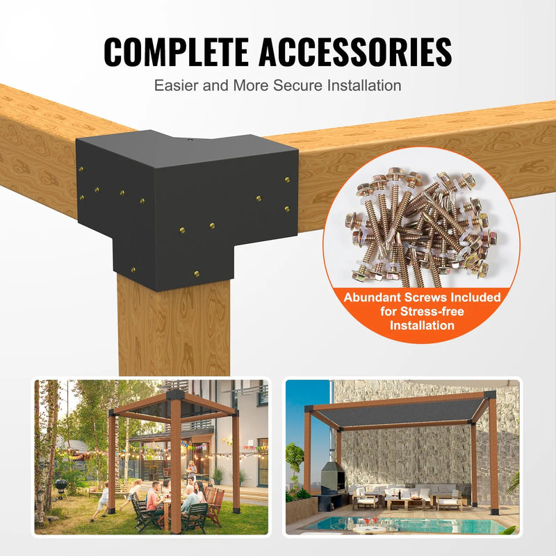 VEVOR pergolas stūra stiprinājumu komplekts 152 × 152 mm, iekšējais izmērs 142 × 142 mm, 3 virzienu lielas slodzes savienojumi koka brusām un stabiem, lapenēm, terases pergolām un koka nojumēm, 4 gab.