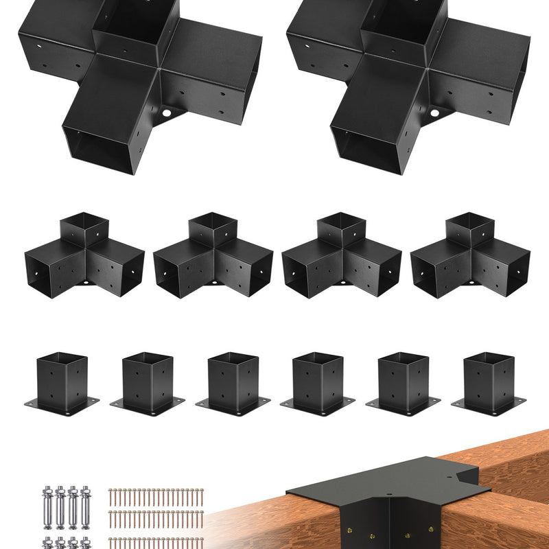 VEVOR pergolas stiprinājumu komplekts 92 × 92 mm koka brusām, 4 × 3 virzienu un 2 × 4 virzienu savienojumi ar 6 stabu pamatnēm, pergolām, lapenēm un nojumēm, 12 gab.
