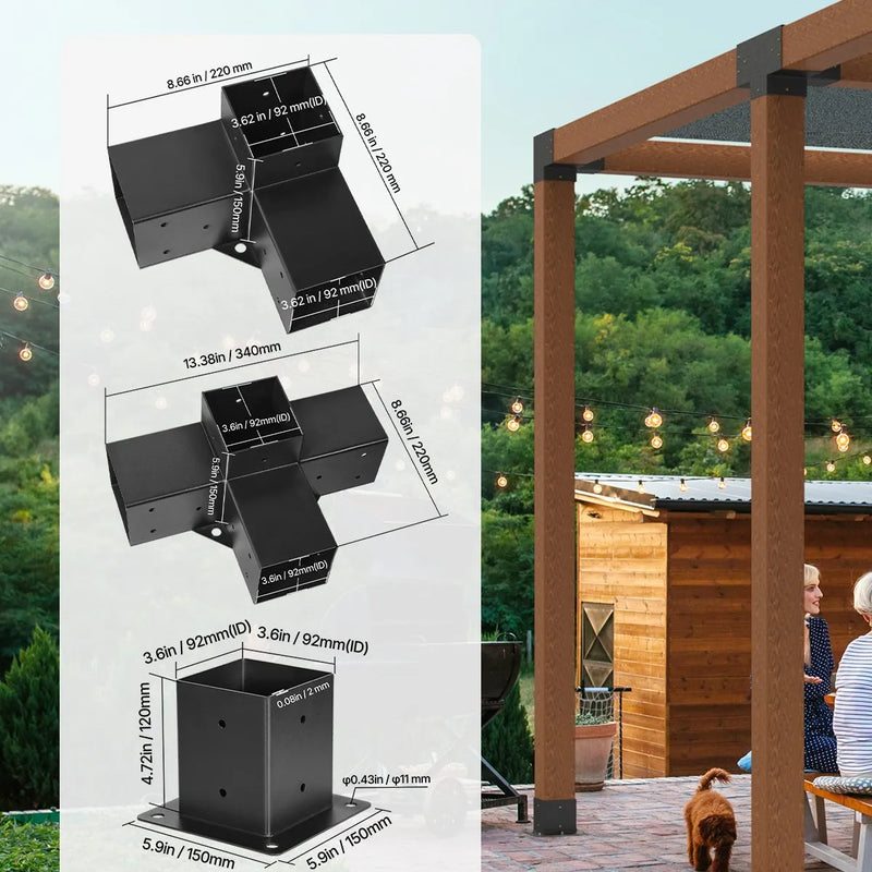 VEVOR pergolas stiprinājumu komplekts 92 × 92 mm koka brusām, 4 × 3 virzienu un 2 × 4 virzienu savienojumi ar 6 stabu pamatnēm, pergolām, lapenēm un nojumēm, 12 gab.