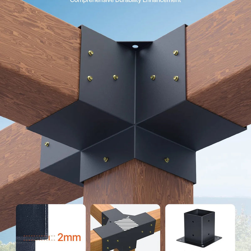 VEVOR pergolas stiprinājumu komplekts 92 × 92 mm koka brusām, 4 × 3 virzienu un 2 × 4 virzienu savienojumi ar 6 stabu pamatnēm, pergolām, lapenēm un nojumēm, 12 gab.