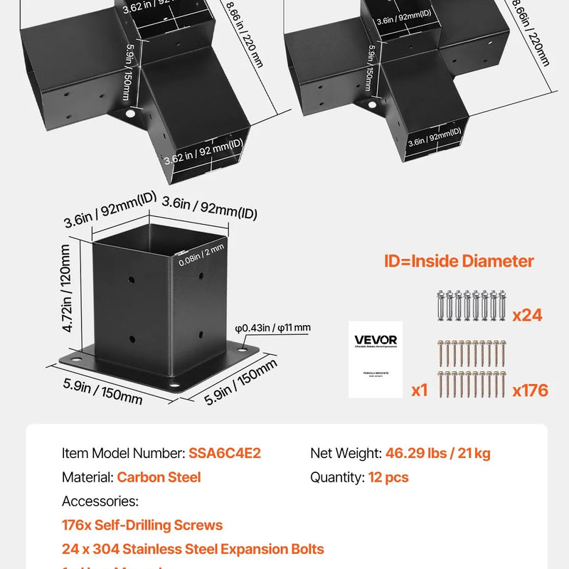 VEVOR pergolas stiprinājumu komplekts 92 × 92 mm koka brusām, 4 × 3 virzienu un 2 × 4 virzienu savienojumi ar 6 stabu pamatnēm, pergolām, lapenēm un nojumēm, 12 gab.