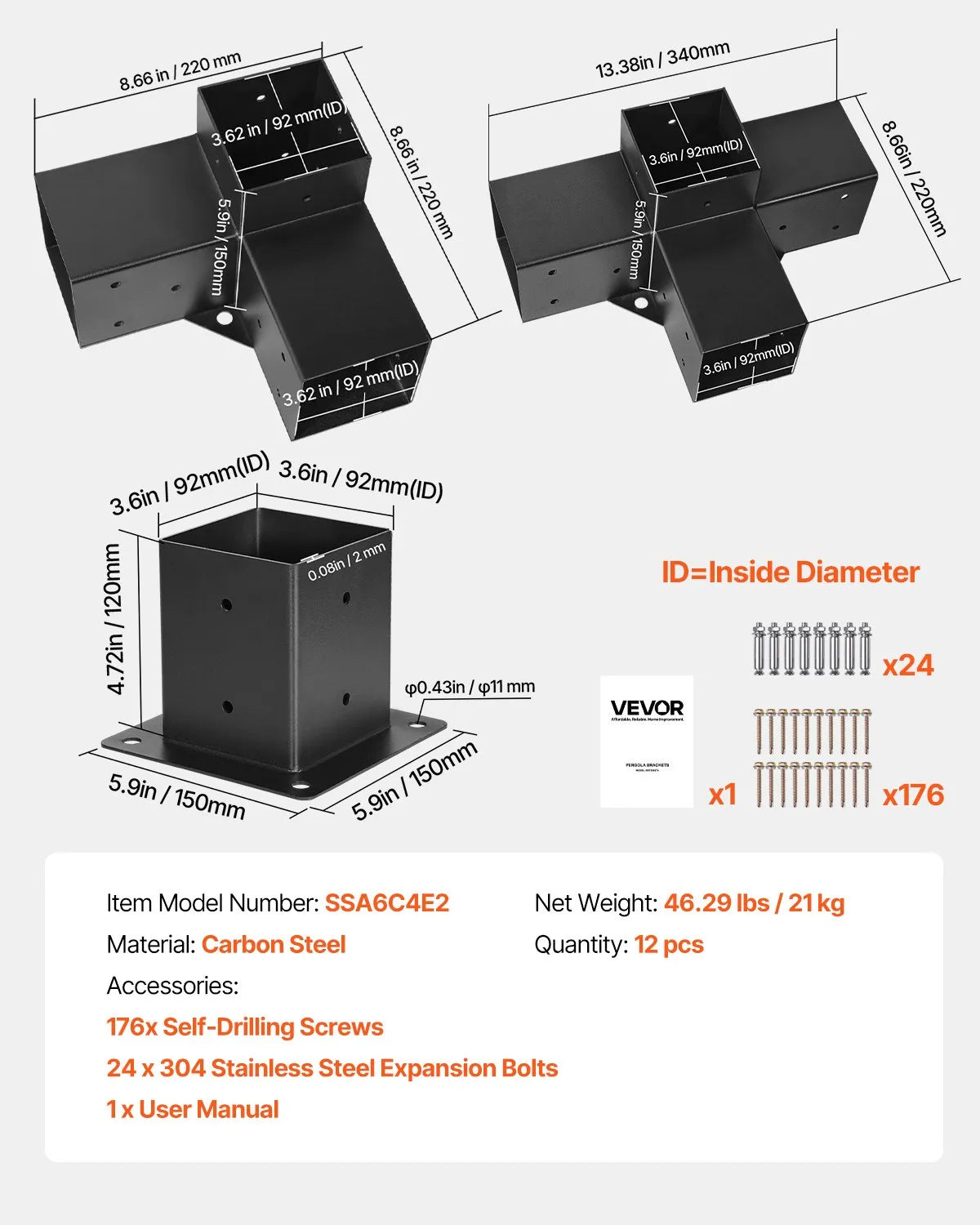 VEVORi pergola kinnituskomplekt 92 × 92 mm puitprussidele, 4 × 3 suunalised ja 2 × 4 suunalised ühendused koos 6 postialusega, pergoladele, lehtlatele ja varikatele, 12 tk.