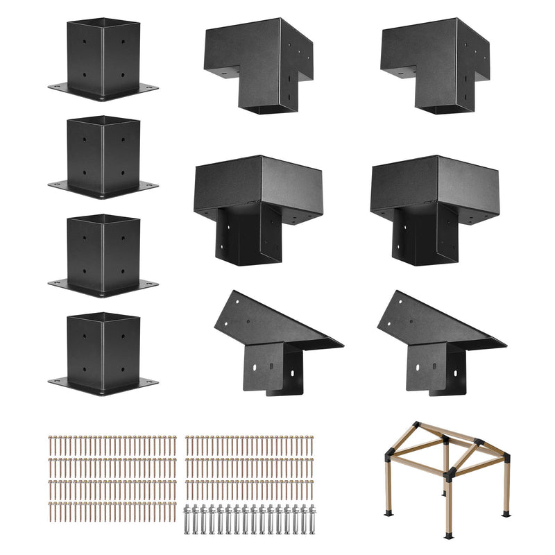 VEVOR pergolas stiprinājumu komplekts 92 × 92 mm brusām, smailam jumtam, 3 un 4 virzienu savienojumi ar stabu pamatnēm un kores stiprinājumiem, lapenēm un nojumēm, 14 gab.