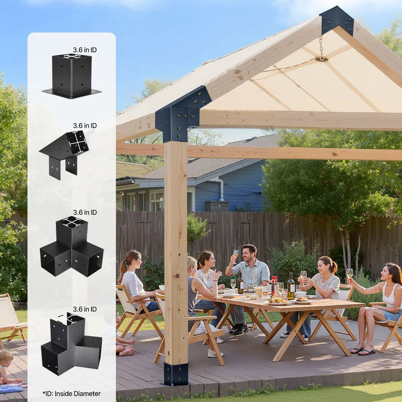 VEVOR pergolas stiprinājumu komplekts 92 × 92 mm brusām, smailam jumtam, 3 un 4 virzienu savienojumi ar stabu pamatnēm un kores stiprinājumiem, lapenēm un nojumēm, 14 gab.
