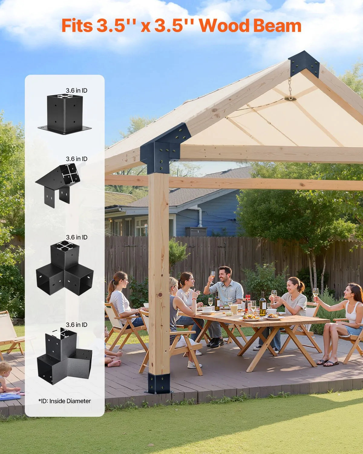 VEVORi pergola kinnituskomplekt 92 × 92 mm taladele, terava katusega, 3- ja 4-suunalised ühendused postide aluste ja katuseharja kinnitustega, lehtla ja varikatuse jaoks, 14 tk.