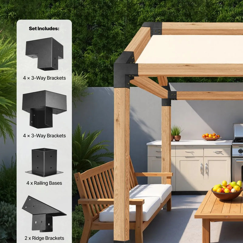 VEVOR pergolas stiprinājumu komplekts 92 × 92 mm brusām, smailam jumtam, 3 un 4 virzienu savienojumi ar stabu pamatnēm un kores stiprinājumiem, lapenēm un nojumēm, 14 gab.