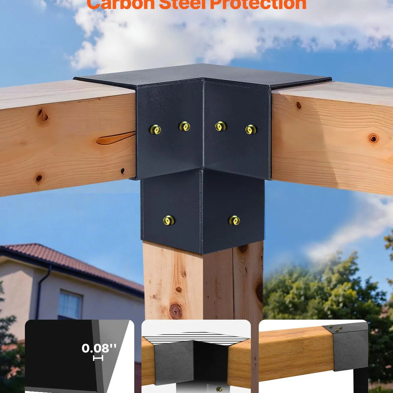 VEVOR pergolas stiprinājumu komplekts 92 × 92 mm brusām, smailam jumtam, 3 un 4 virzienu savienojumi ar stabu pamatnēm un kores stiprinājumiem, lapenēm un nojumēm, 14 gab.