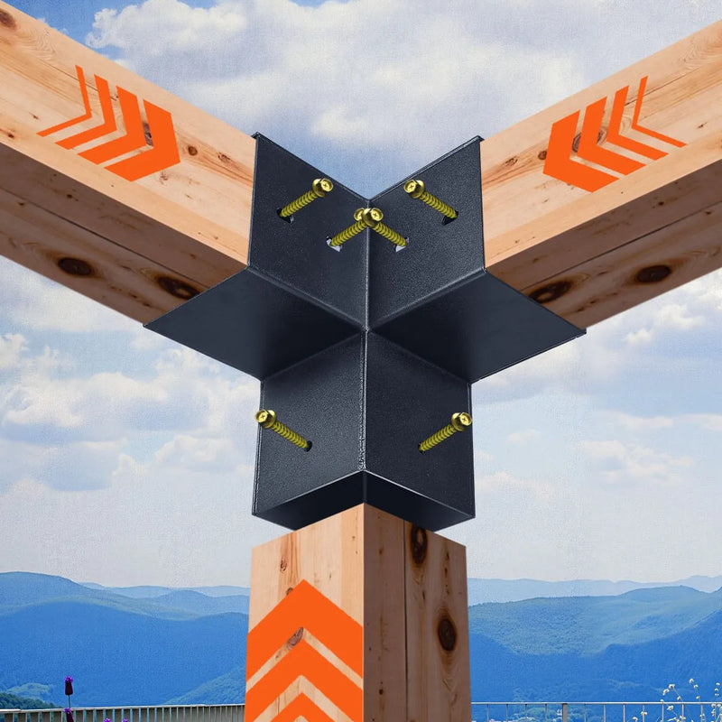 VEVOR pergolas stiprinājumu komplekts 92 × 92 mm brusām, smailam jumtam, 3 un 4 virzienu savienojumi ar stabu pamatnēm un kores stiprinājumiem, lapenēm un nojumēm, 14 gab.