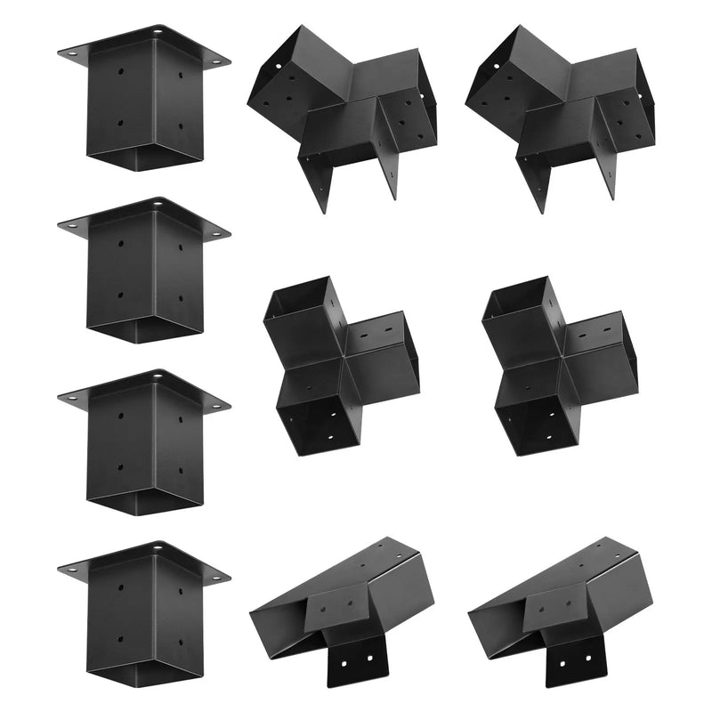 VEVOR pergolas stiprinājumu komplekts 92 × 92 mm brusām, smailam jumtam, 3 un 4 virzienu savienojumi ar stabu pamatnēm un kores stiprinājumiem, lapenēm un nojumēm, 14 gab.