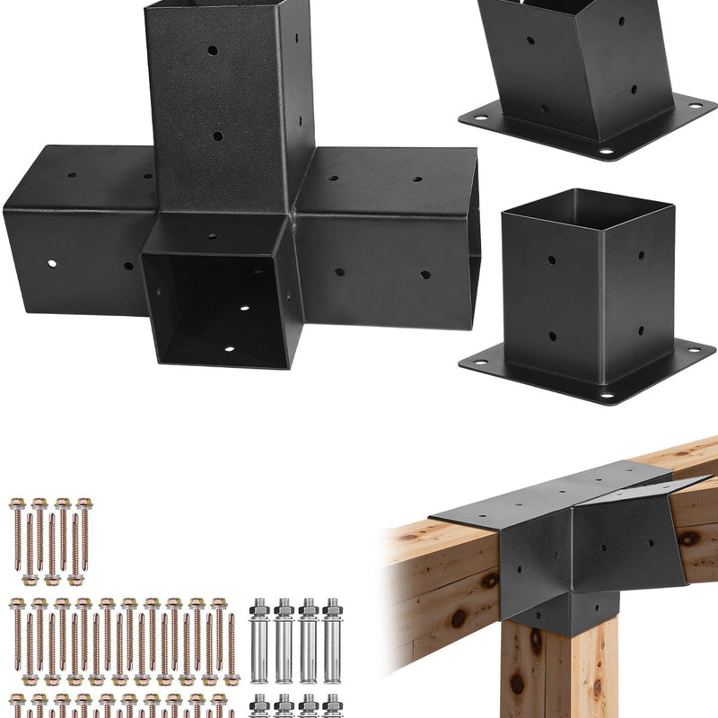 VEVOR pergolas stiprinājumu komplekts 92 × 92 mm koka brusām, slīpi 4 virzienu savienojumi no oglekļa tērauda ar stabu pamatnēm un sienas stiprinājumiem, pergolām, lapenēm un nojumēm
