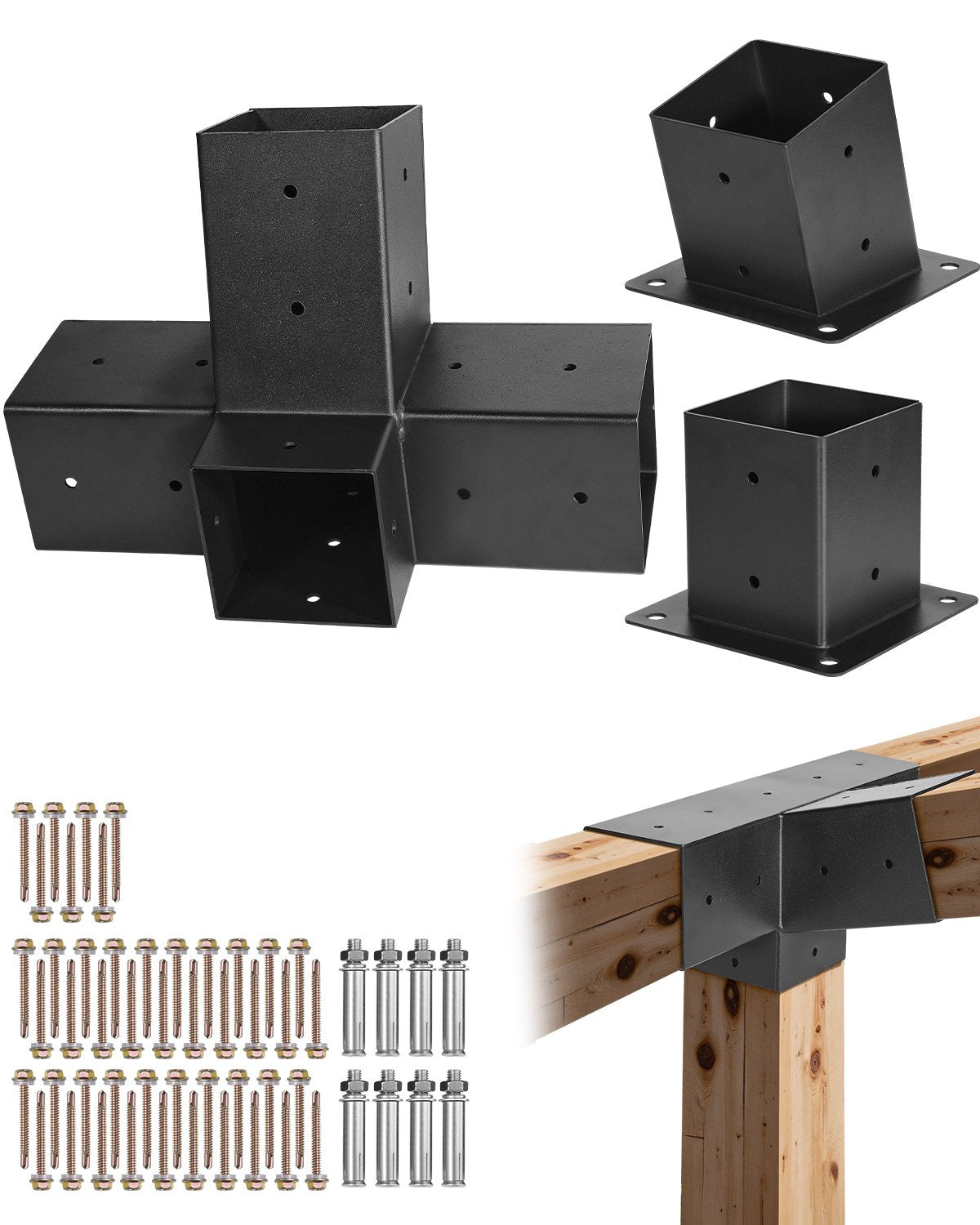 VEVOR pergolas stiprinājumu komplekts 92 × 92 mm koka brusām, slīpi 4 virzienu savienojumi no oglekļa tērauda ar stabu pamatnēm un sienas stiprinājumiem, pergolām, lapenēm un nojumēm