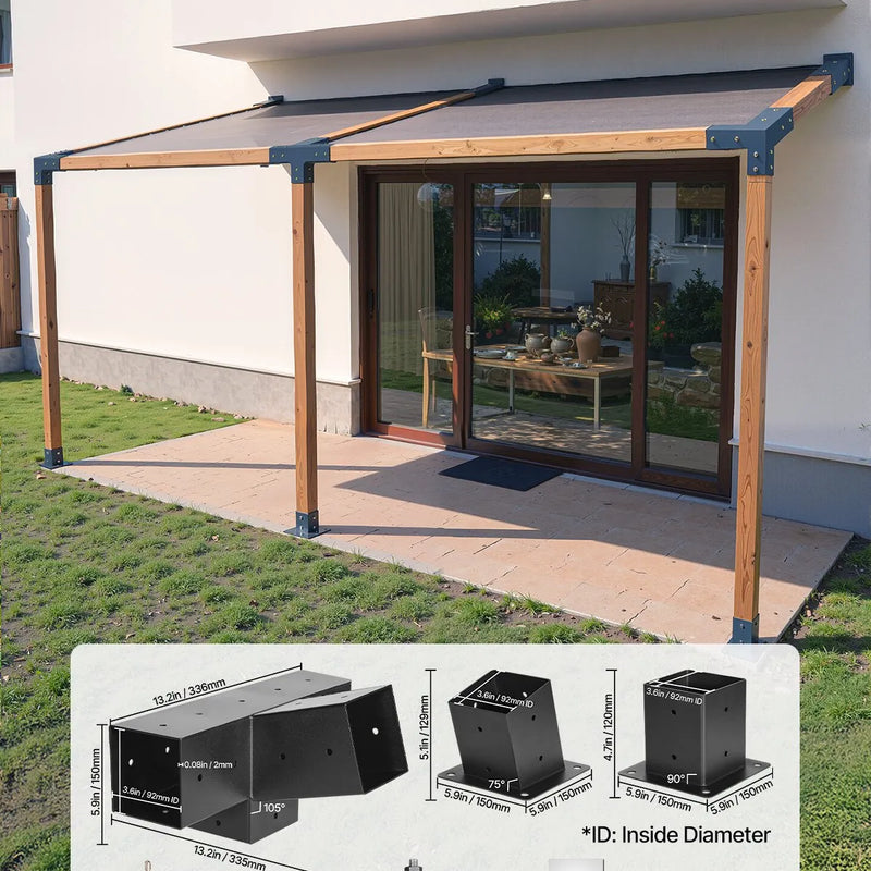 VEVOR pergolas stiprinājumu komplekts 92 × 92 mm koka brusām, slīpi 4 virzienu savienojumi no oglekļa tērauda ar stabu pamatnēm un sienas stiprinājumiem, pergolām, lapenēm un nojumēm