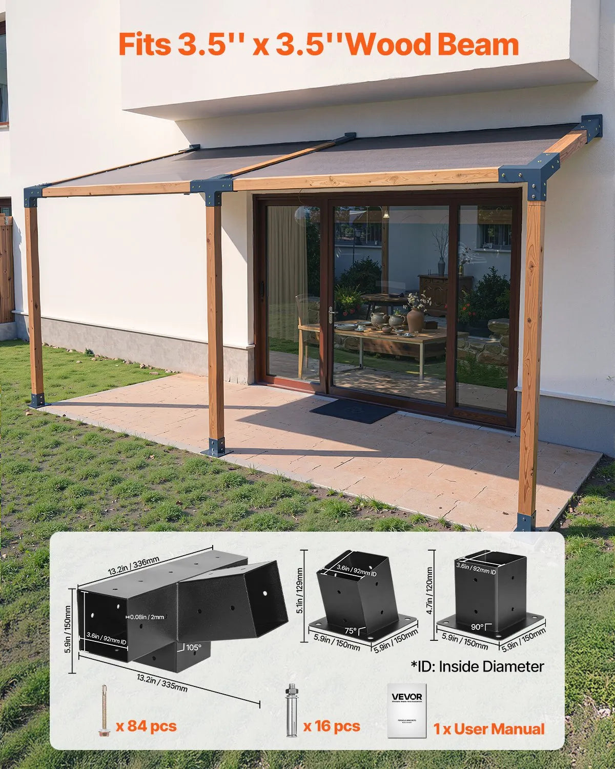VEVOR pergolas stiprinājumu komplekts 92 × 92 mm koka brusām, slīpi 4 virzienu savienojumi no oglekļa tērauda ar stabu pamatnēm un sienas stiprinājumiem, pergolām, lapenēm un nojumēm